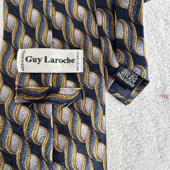 Guy Laroche Men’s Silk Necktie Blue Gold Geometric Wave Pattern Formal Business - Picture 2 of 4